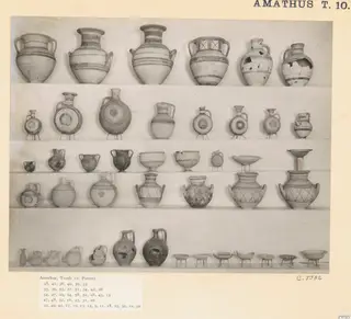Rows of pottery vessels from Amathus, arranged on tiers against a pale backdrop, shown in a photo mount