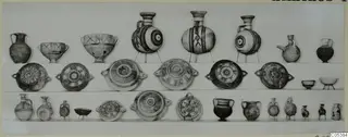 Pottery vessels from Amathus Tomb 19, about thirty pieces arranged in three rows