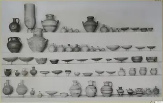 Pottery vessels from Amathus, Tomb 23, jugs, jars and bowls arranged in rows on shelves