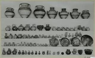 Five rows of pottery vessels from Amathus, Tomb 16: jars, jugs, juglets, bowls and large plates
