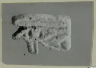 Small pale object from Amathus tombs 2-26, shown on a grey card mount with a dark mark on one end.