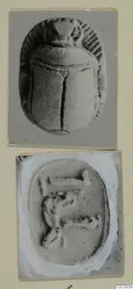 Two photographs of glyptic from Amathus: a scarab seal and the carved face of a seal with a raised design.