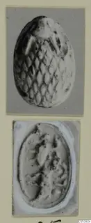 Two photographs of a stone scarab from Amathus: the rounded back with a lattice pattern, and the flat base with figures