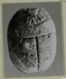 Scarab-shaped seal from Amathus, shown head-on against a grey backing.
