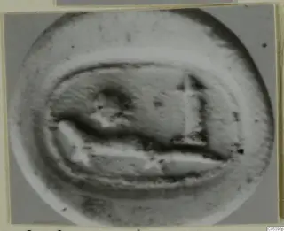 Close view of an oval seal or scarab face with a raised rim and an incised design within a central field