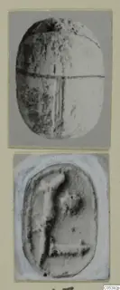 Two views of a scarab from Amathus: the back with a horizontal dividing line, and the carved base with a figure-like design