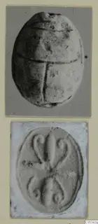 Two photographs of a beetle-shaped seal from Amathus, showing its back and its oval flat face with a raised looped design.
