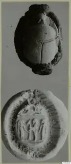 Scarab seal from Amathus shown in two views: the domed back at top and the carved base with standing figures below.