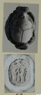 Scarab seal and an engraved seal face with standing figures, shown as two photographs on a card