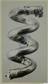 Spiral gold object from Marion with a head-shaped end and a ribbed lower end