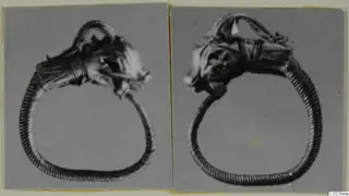 Two photographs of a ring with a head-shaped terminal and ribbed hoop, mounted side by side on a card