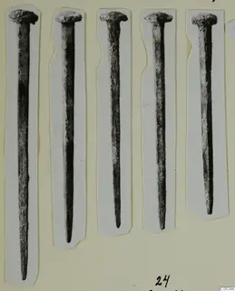 Five iron nails with round heads, each mounted on a separate paper strip, from Marion.