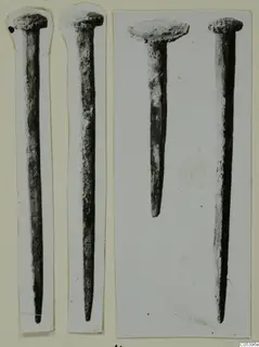 Four iron nails with domed heads, shown in pairs on mounted photographic strips.