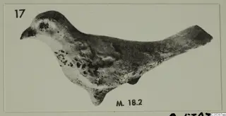 Terracotta figurine of a bird in side view, with a number label and a short label beneath it