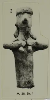 Terracotta figurine with outstretched arms from Marion, shown on a mounted card with a number and label