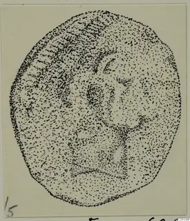 Stippled drawing of an oval plaque with a face in relief, from Marion, Tomb 38