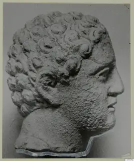 Limestone head of a figure with short curled hair from Mersinaki, shown in right profile.