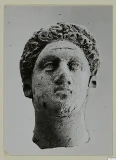 Terracotta head with tight curls of hair, shown frontally against a plain grey background