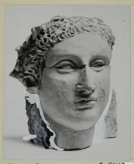Carved head with curled hair and a broken nose and neck, photographed and mounted on a card