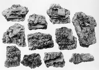 Corroded iron fragments of a mail shirt from Amathus, laid out on a pale background