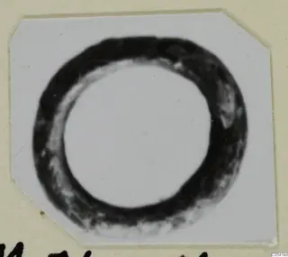 Silver ring-shaped object with a thick dark band, shown on a white card