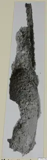 Heavily corroded iron tool from Marion, shown upright on a mounted photograph card.