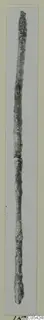 Bronze pin from Marion, a long thin corroded shaft photographed upright on a card mount