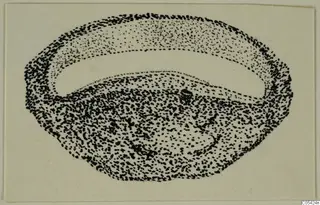Ink stippled drawing of a ring from Marion, shown in side view as an oval band.