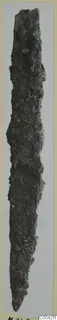 Long corroded iron knife blade from Marion, shown upright