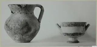 Pottery jug with a single loop handle and a footed bowl with two small handles, photographed side by side.