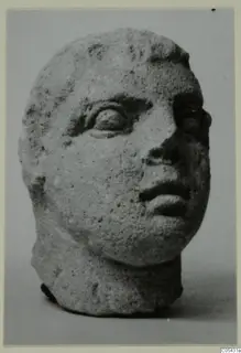 Stone head from Mersinaki with large eyes, a broken nose and a pitted surface, seen against a grey backdrop