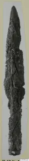 Iron spearhead from Marion, Tomb 68, shown upright against a pale card backing