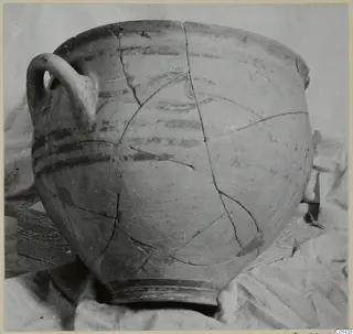 Levanto-Helladic amphora-crater, broken and mended, with dark painted horizontal bands on a round body