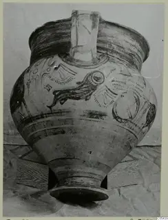 Painted amphora-crater from Enkomi with curving dark motifs on the shoulder and banded lower body