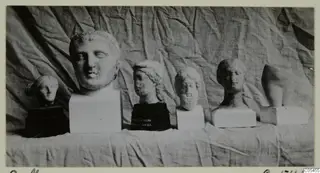 Six sculpted heads and busts of different sizes, set in a row on draped cloth against a fabric backdrop.