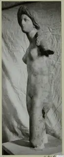 Marble sculpture of a standing female nude figure with one arm broken off, photographed against a draped cloth