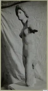 Marble statue of a standing female nude with arms missing, photographed on a plinth against a draped cloth.