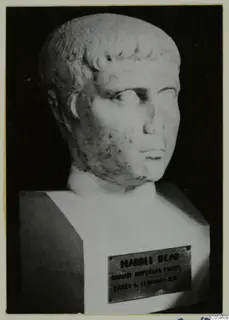 Marble head with short, curled hair, turned slightly to one side, on a square block base