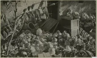 Large heap of pottery vessels on the ground in a yard, with wooden crates and a leafy plant beside a stone wall.