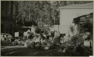 Large pottery jars and vessels piled in a yard beside a stone building and trees, Cyprus Museum