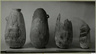 Four alabaster vases from Amathus standing in a row, photographed against a plain grey backdrop