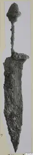 Corroded iron weapon with a knobbed pommel, from the Marion tomb finds