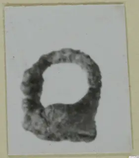 Iron tool from Marion: a thick ring-shaped object with a rough, dark lower part, shown on a card mount.