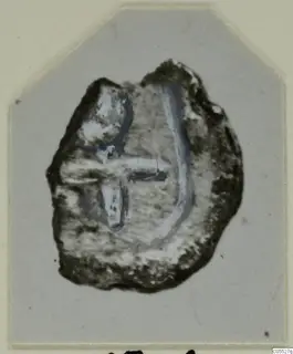 Fragment of an object with a painted pattern of blue-grey strokes, from Marion.