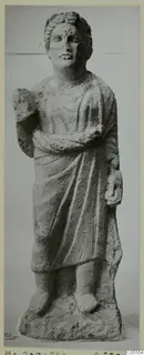 Standing draped stone statue from Mersinaki, shown on a mounted photograph with a number label
