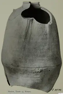 Large pottery container from Tomb 19 at Marion, with a broken neck and open mouth.