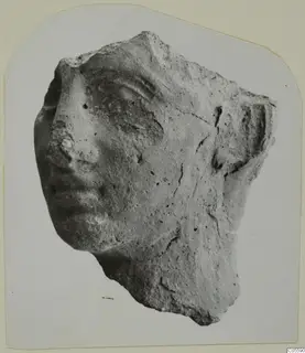 Broken head fragment of a statue, face turned to the left, showing nose, lips and eye.