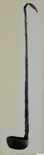 Bronze ladle from Marion, with a long slender handle ending in a hook and a shallow rounded bowl.