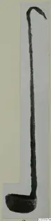 Bronze ladle from Marion, with a long slender handle, a hooked end and a shallow bowl.