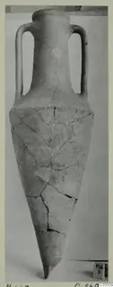 Two-handled pottery amphora with a pointed base, mended from broken pieces, from the Marion tomb finds